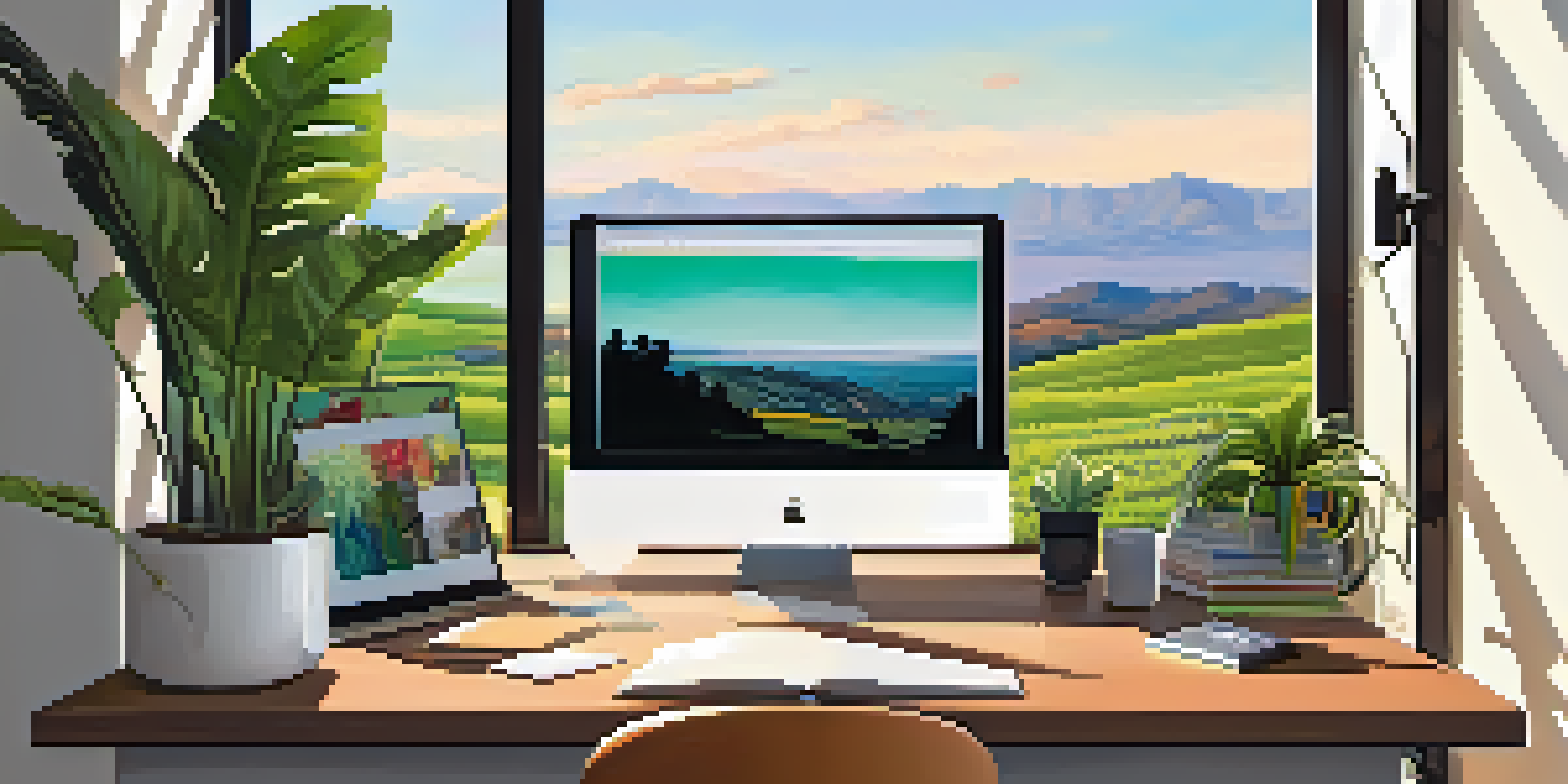A bright and modern home office featuring a desk with a laptop and notebooks, surrounded by plants and artwork, with a view of a sunny California landscape outside.