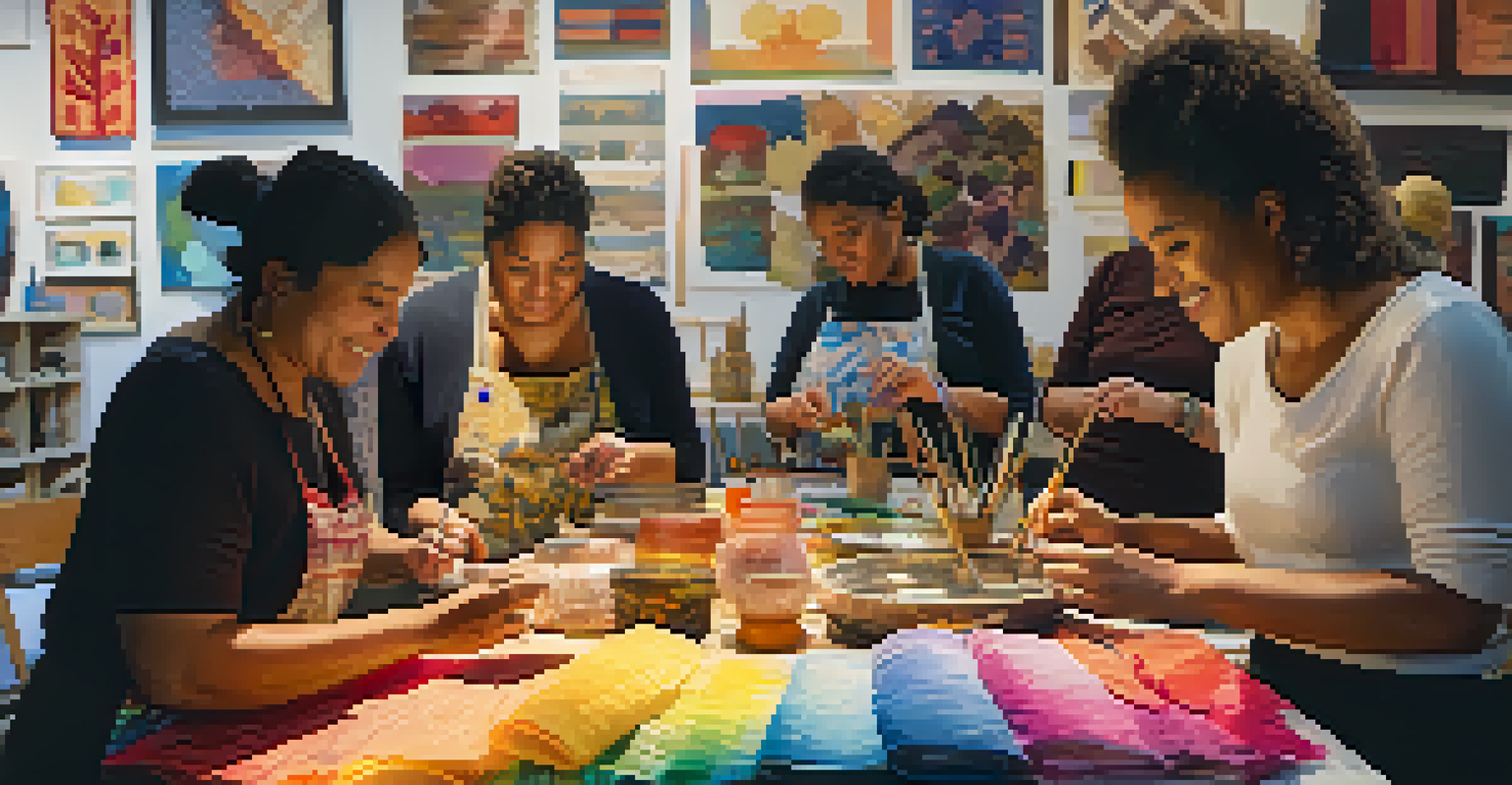Close-up of a community workshop with diverse individuals crafting traditional arts together.