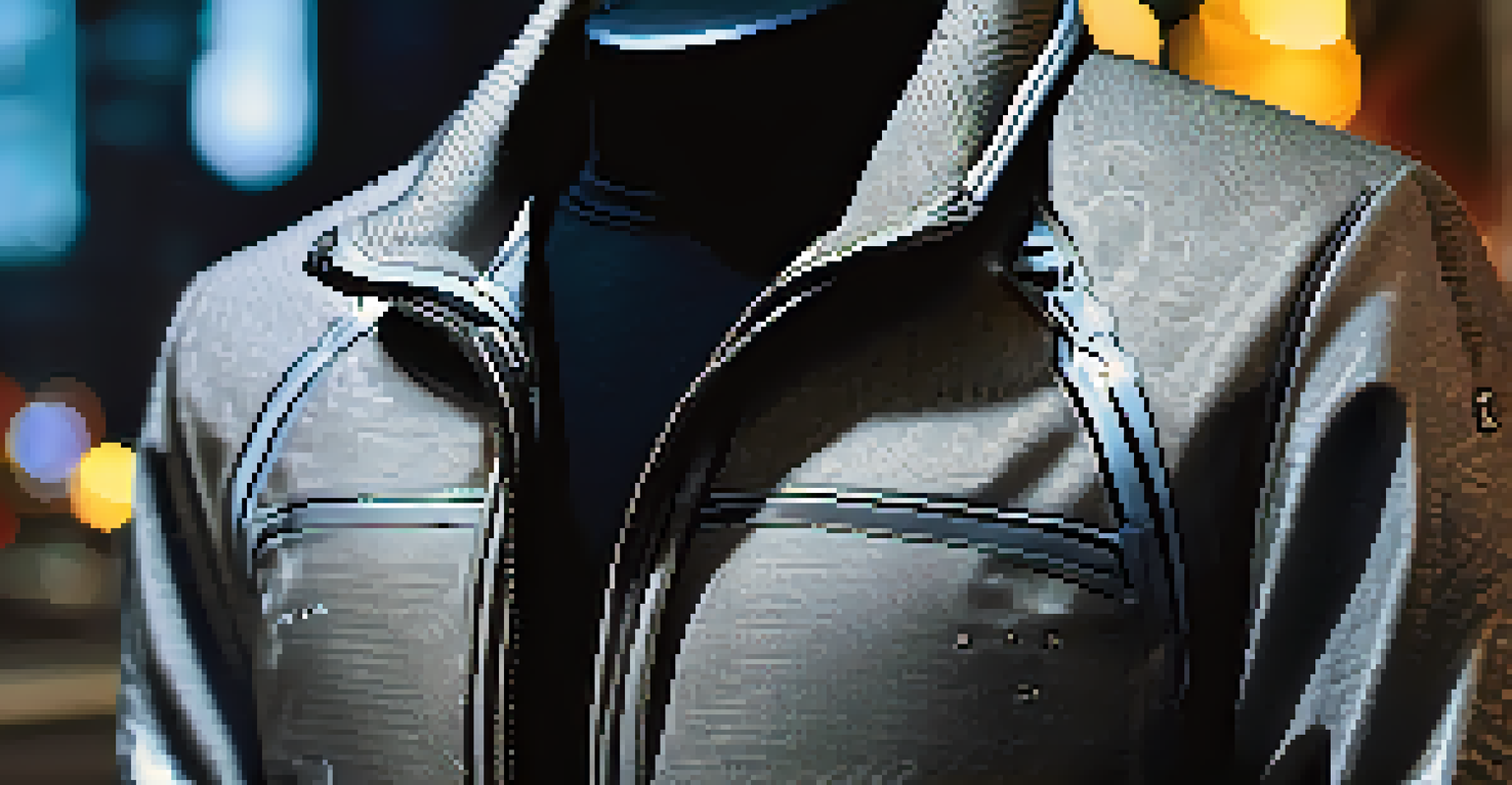A close-up view of an innovative high-tech jacket displaying its features like hidden pockets and unique textures, with an urban backdrop.