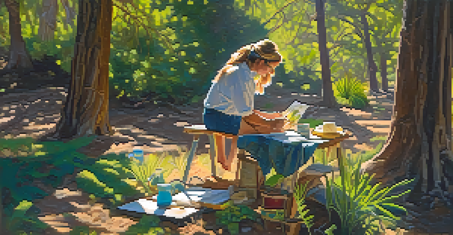 An artist painting outdoors in a lush California landscape with sunlight filtering through trees and vibrant flowers around her.