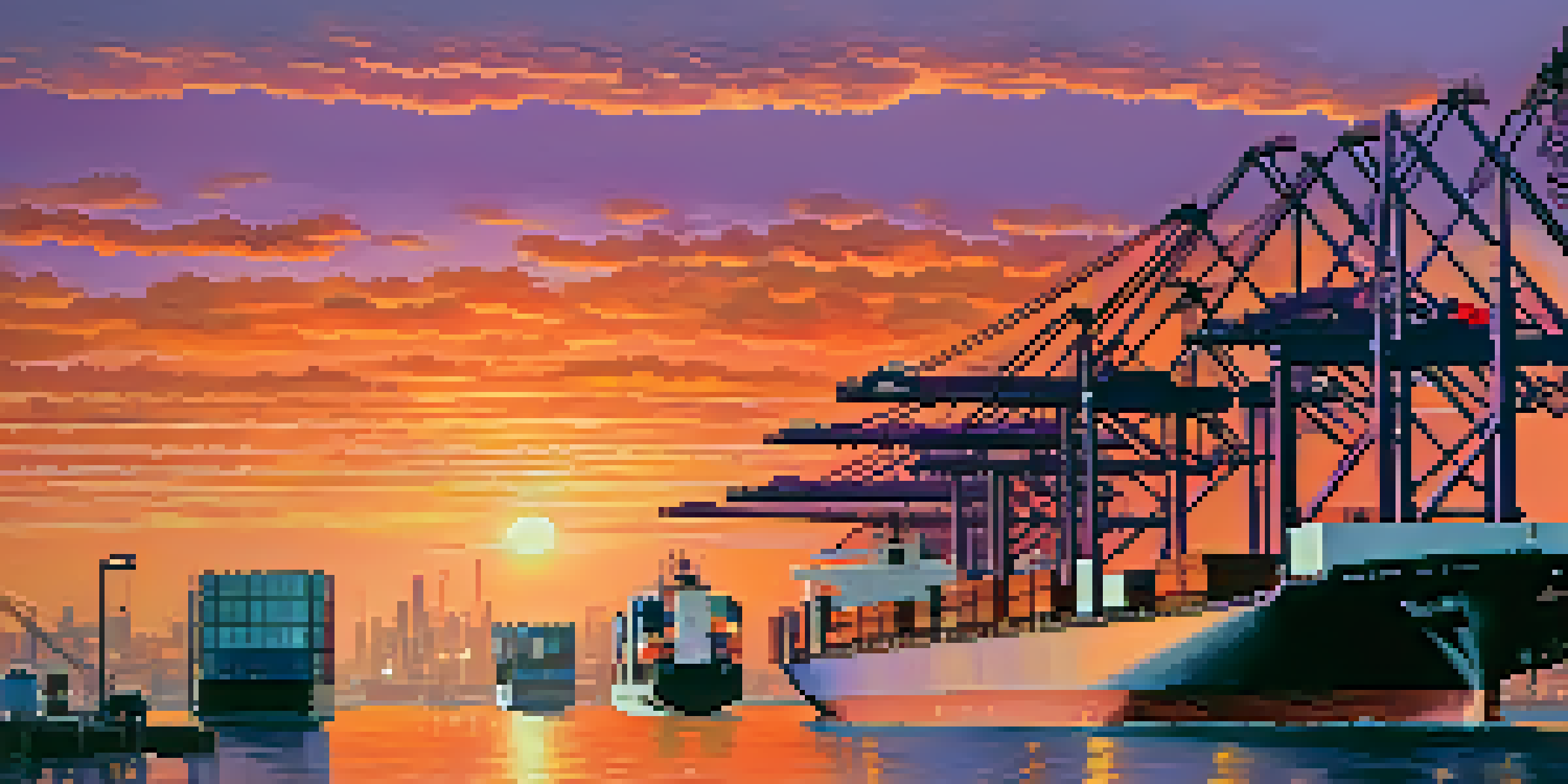 A busy port scene at sunset with container ships, cranes, and workers in safety gear.