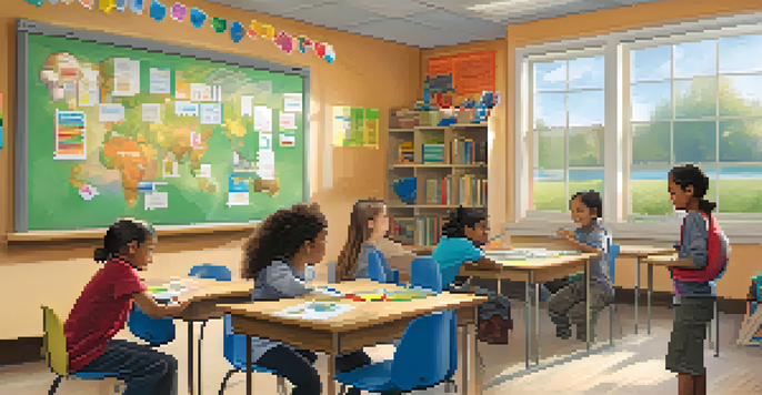 A classroom with a small group of children learning together, with a teacher guiding them in a bright and colorful setting.