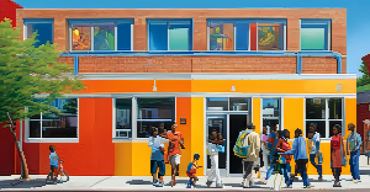 A modern community health center in an urban neighborhood with diverse residents discussing health initiatives, complemented by a colorful mural.