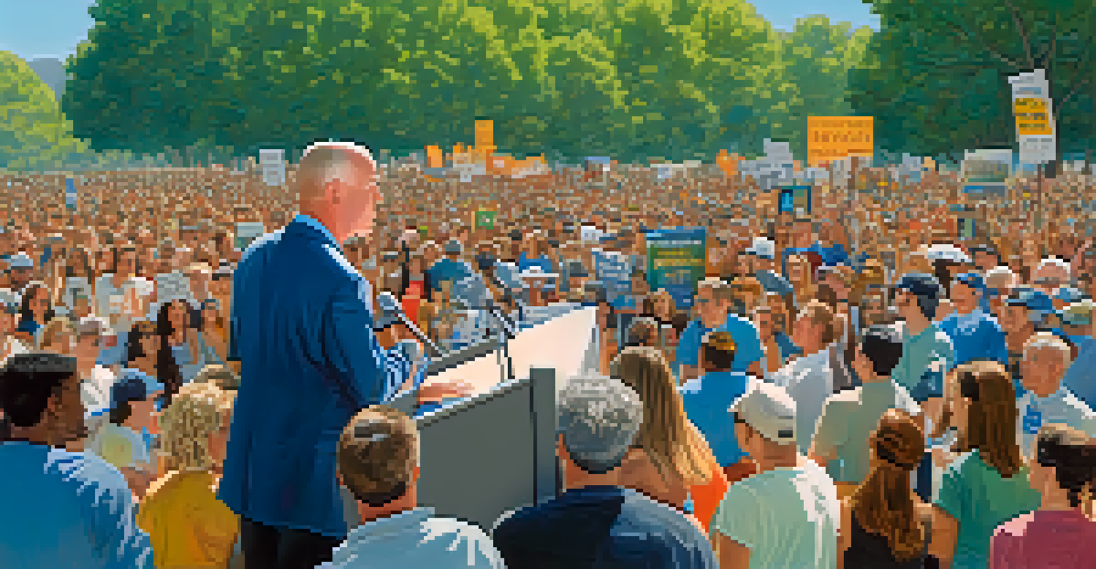 Jerry Brown speaking at a podium during a climate change rally, surrounded by supporters with environmental protection signs in a vibrant outdoor setting.