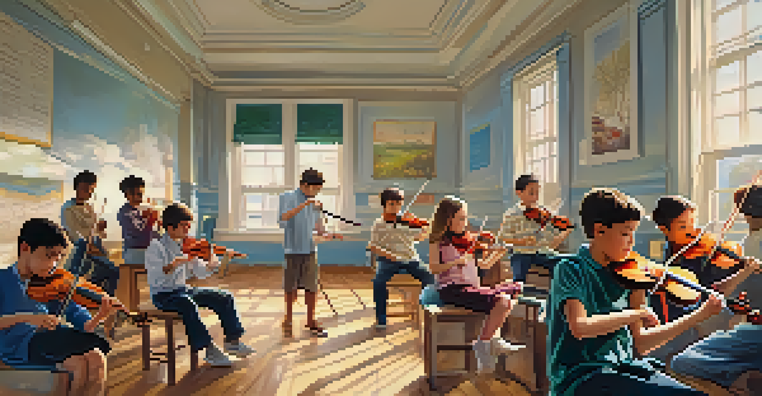 Young musicians practicing in a bright classroom, playing violins, flutes, and a guitar, with sunlight streaming through the windows.