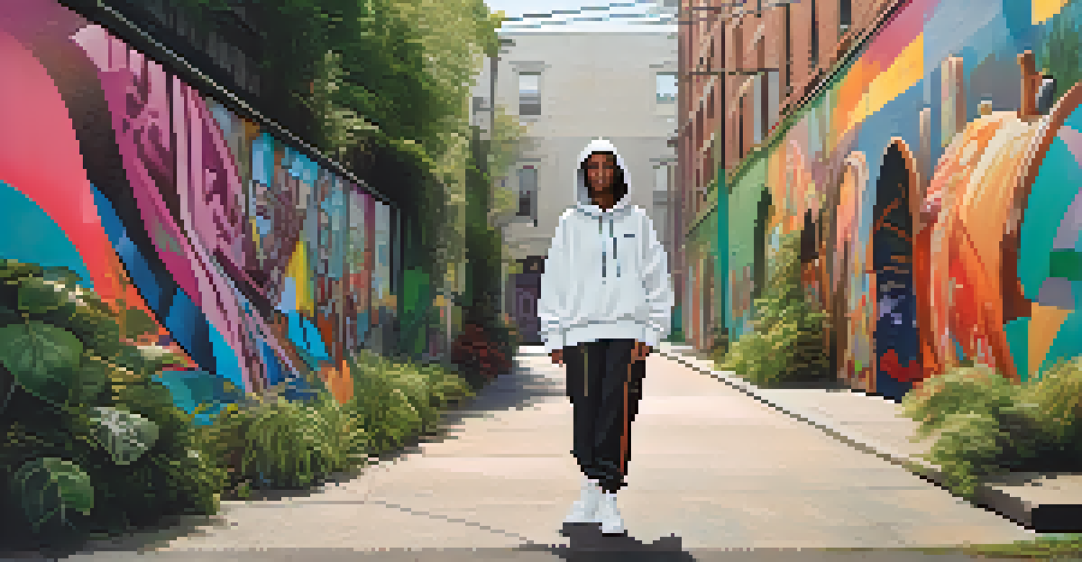 A confident model in oversized streetwear walking through a city street with greenery and colorful murals, illuminated by natural light.