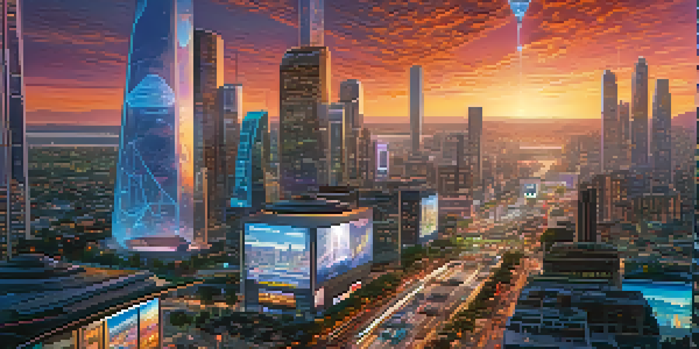 A modern California city filled with advanced technology, featuring autonomous vehicles, drones, and neon-lit skyscrapers during sunset.