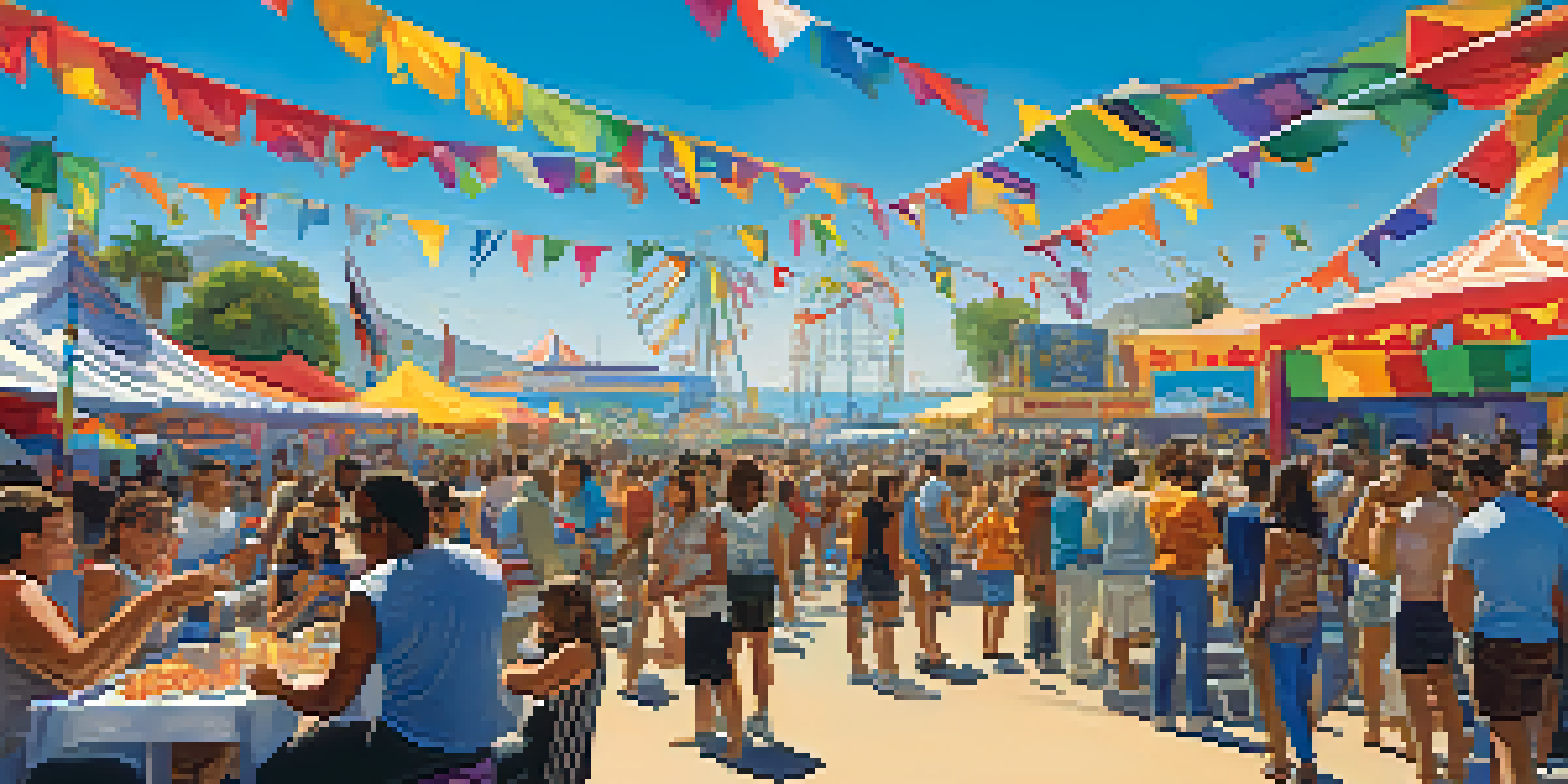 A lively California music festival scene with a diverse crowd, colorful flags, food vendors, and a vibrant stage.