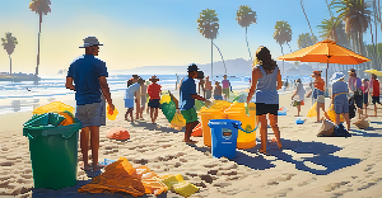 A diverse group of people engaged in a beach cleanup, with bright sunlight, palm trees, and colorful beach umbrellas in California.
