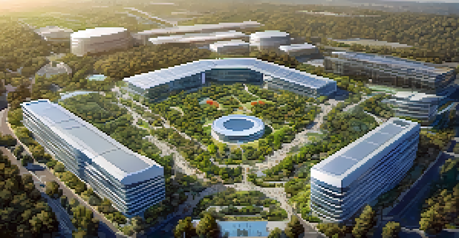 An aerial view of Silicon Valley featuring modern tech buildings and green spaces.