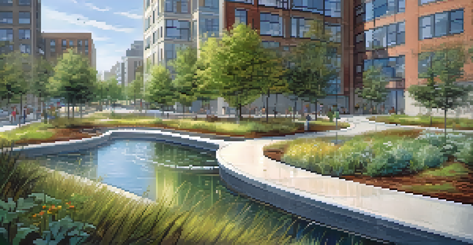 An urban landscape with a stormwater capture system, showing permeable pavements and bioswales filled with plants, with rainwater flowing into a reservoir.