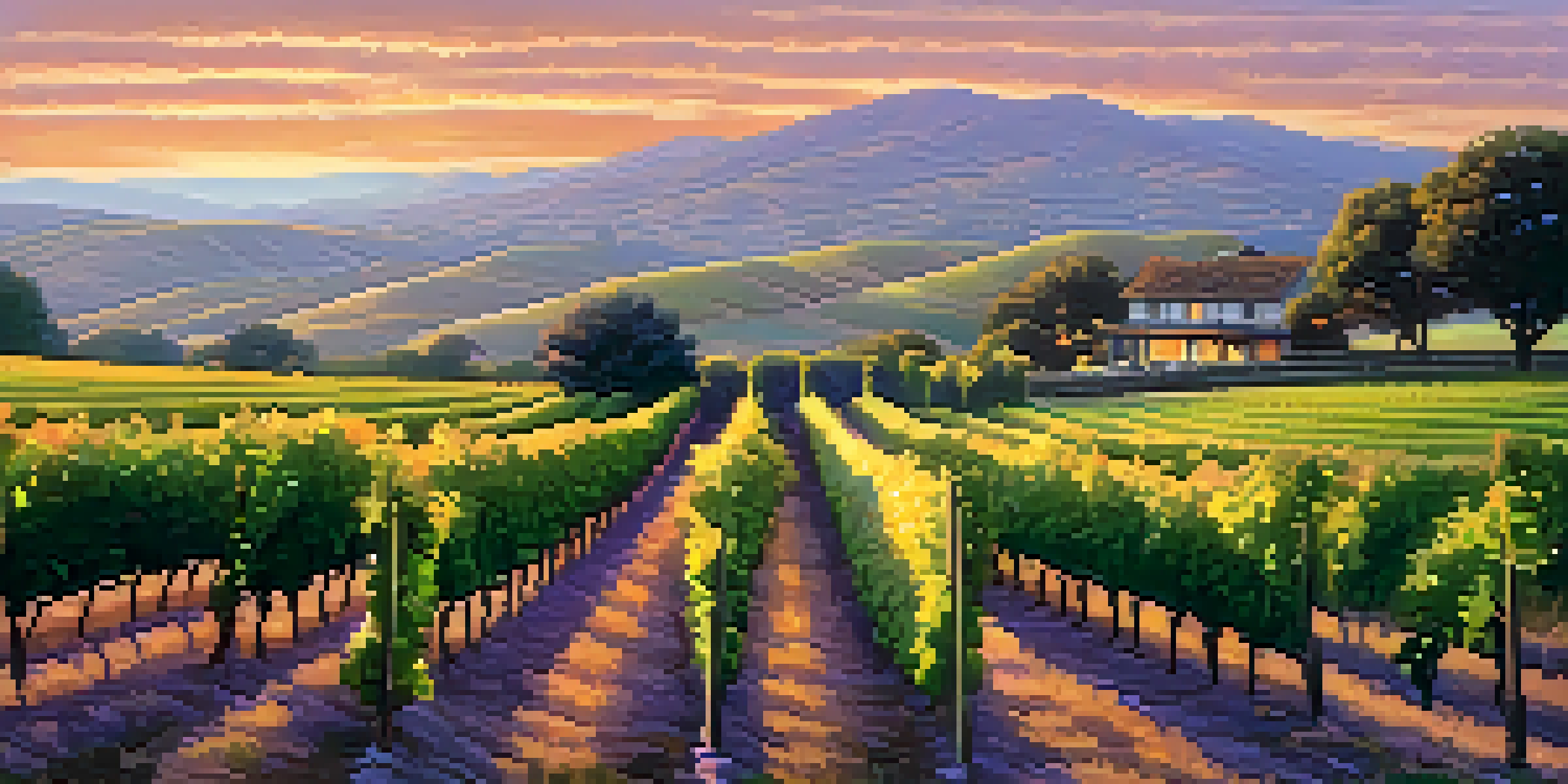 A beautiful vineyard in California at sunset, with vibrant grapevines and a colorful sky.