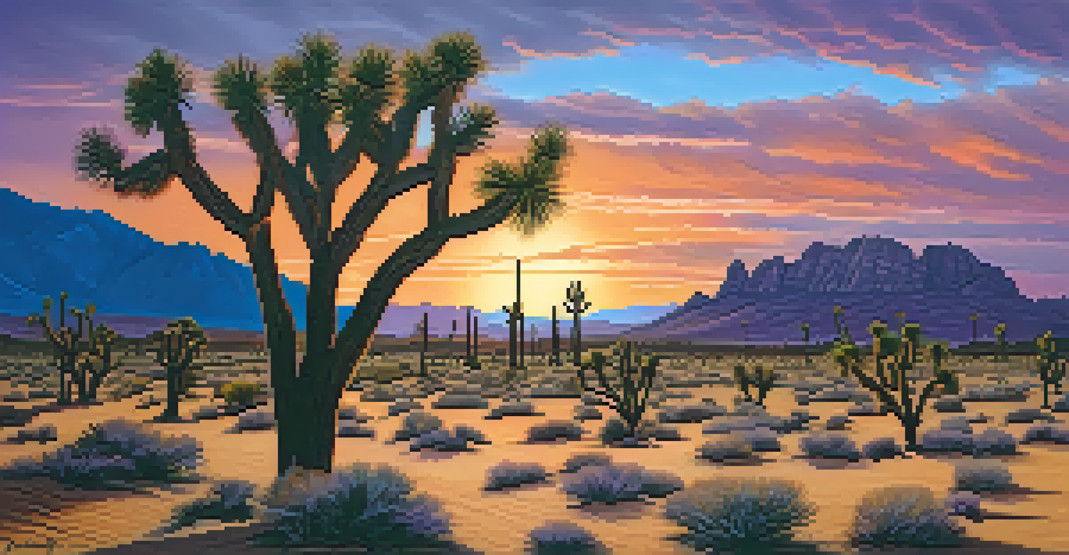 A striking desert scene in the Mojave Desert with Joshua trees and a vibrant sunset sky.