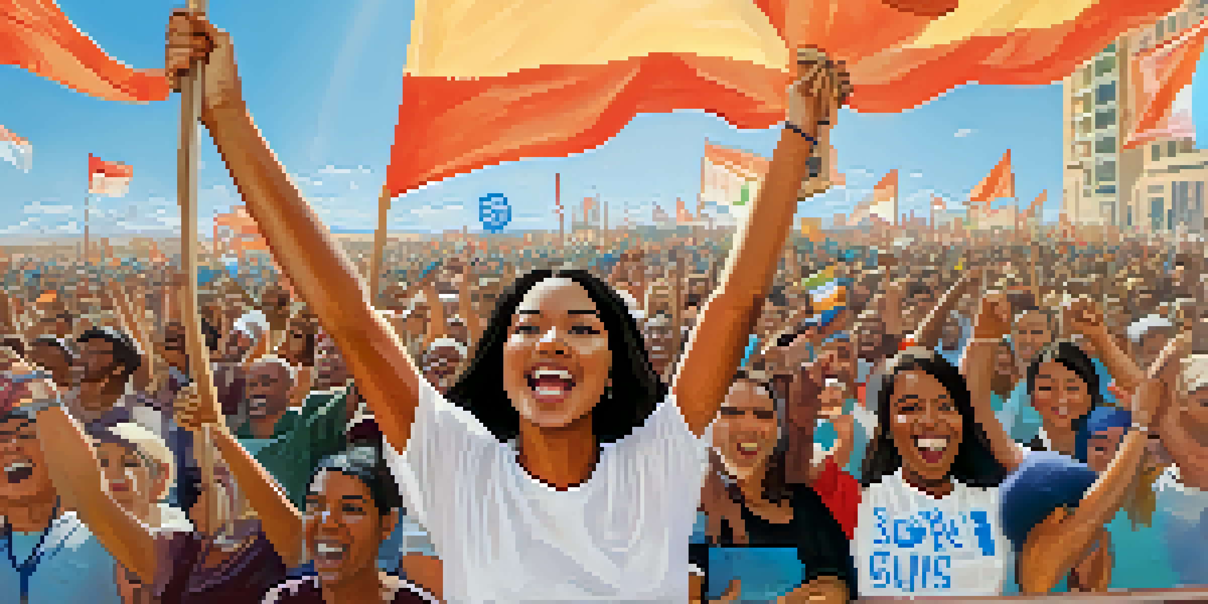 A female activist stands in front of a diverse crowd at a peaceful protest, holding a sign for social justice, with colorful banners and flags in the background.