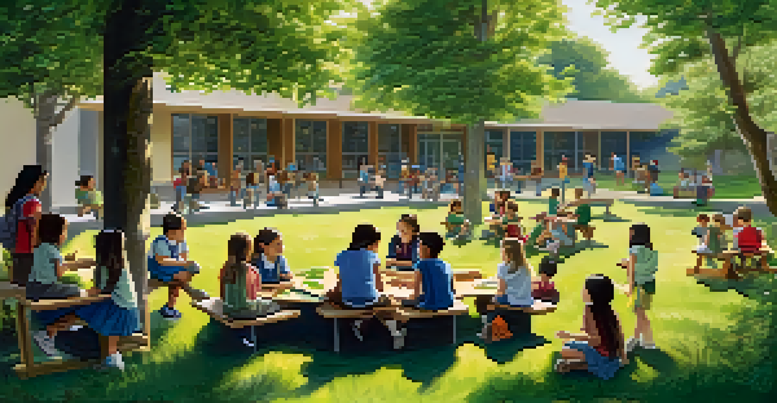 Children learning together outside in a natural setting, collaborating in small groups surrounded by trees and greenery.