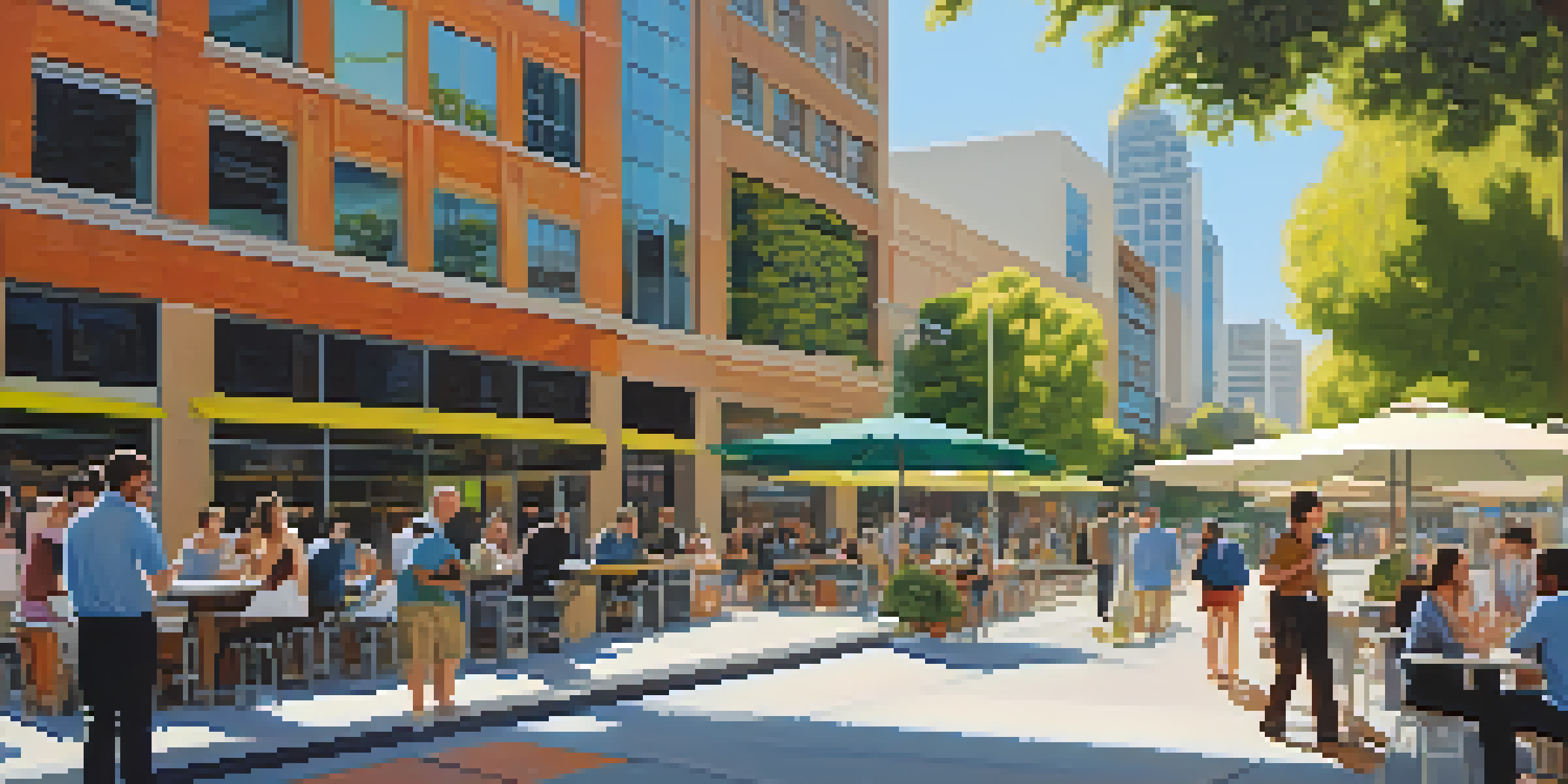 A bustling street scene in Silicon Valley with diverse people engaging in discussions, surrounded by modern buildings and trees, under bright sunlight.