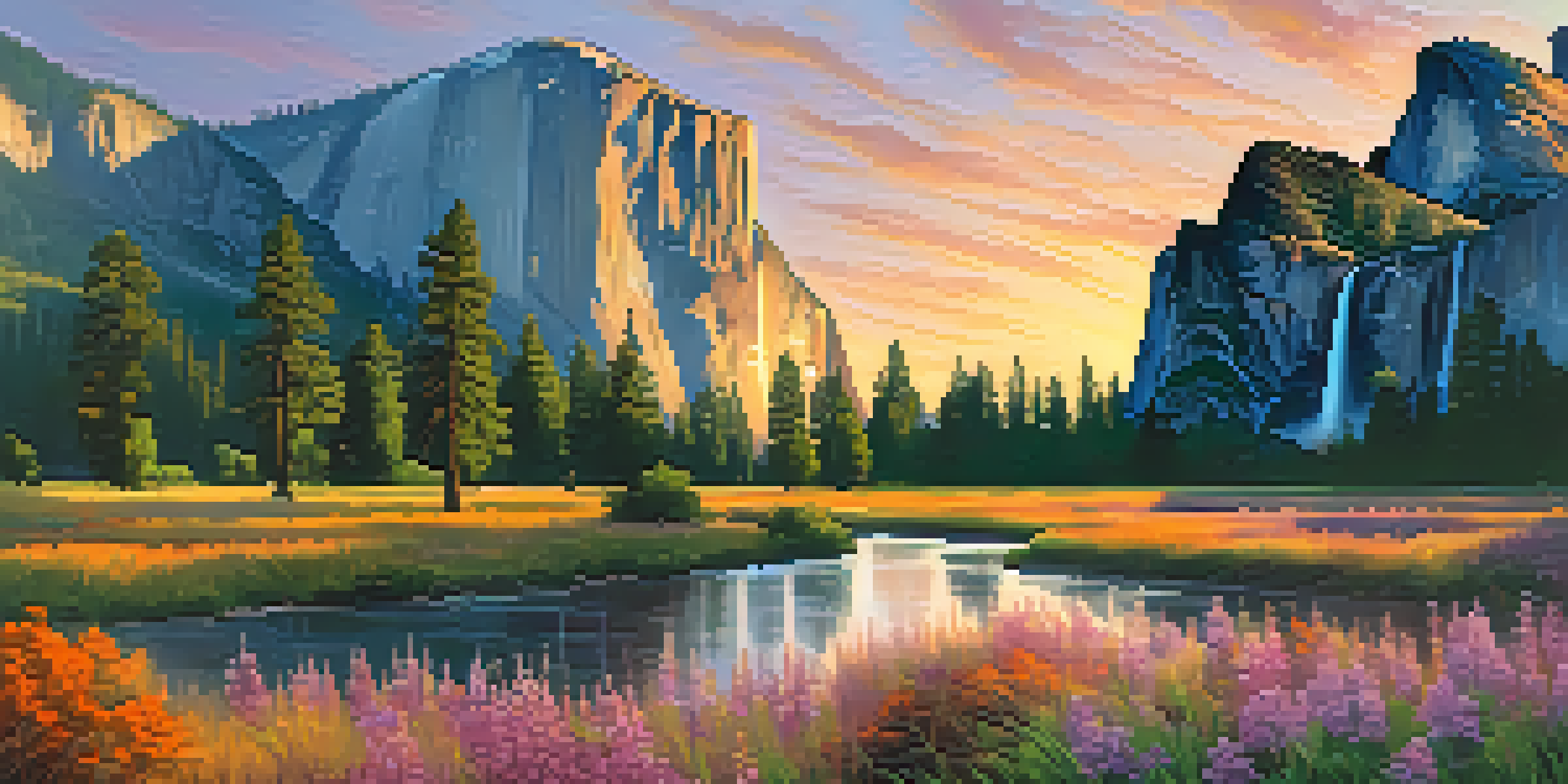 A scenic sunset view of Yosemite National Park featuring granite cliffs, wildflowers, and a waterfall.