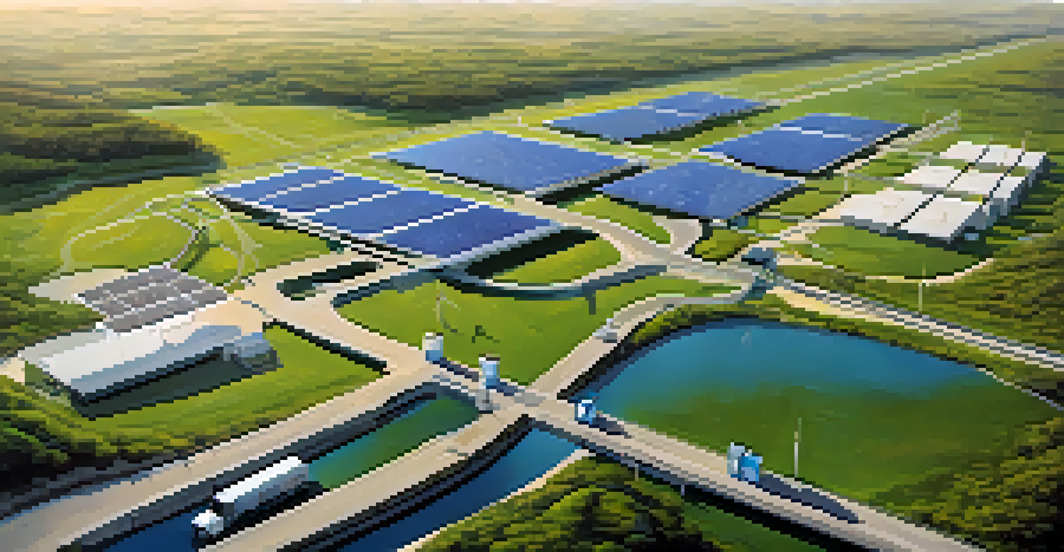 Aerial view of California's Hydrogen Highway Network with fueling stations, highways, and green energy sources.