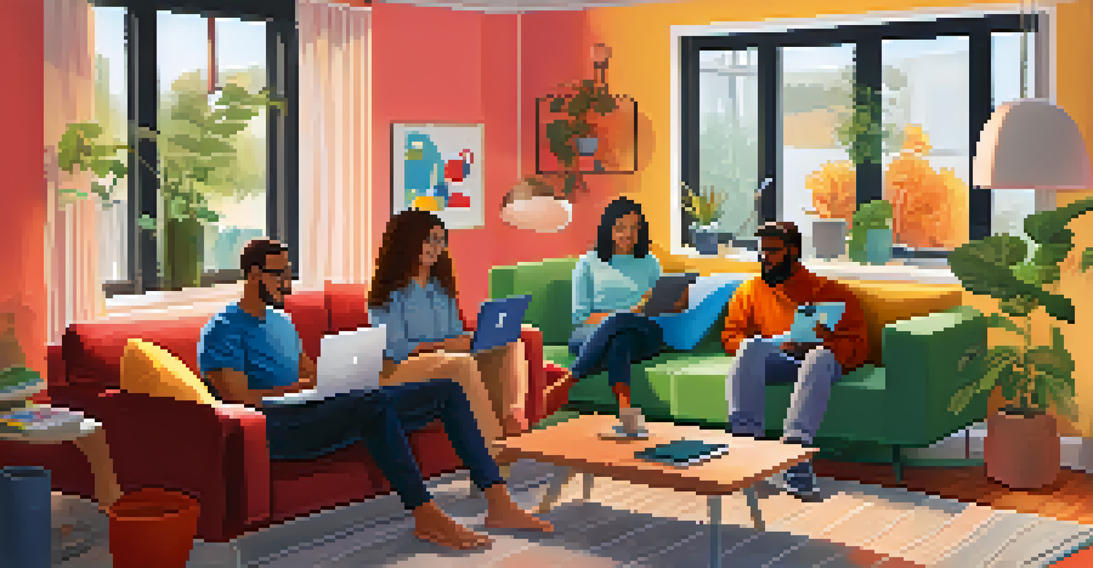 A vibrant illustration of diverse individuals at home using different devices for teletherapy, showcasing the accessibility of mental health support.