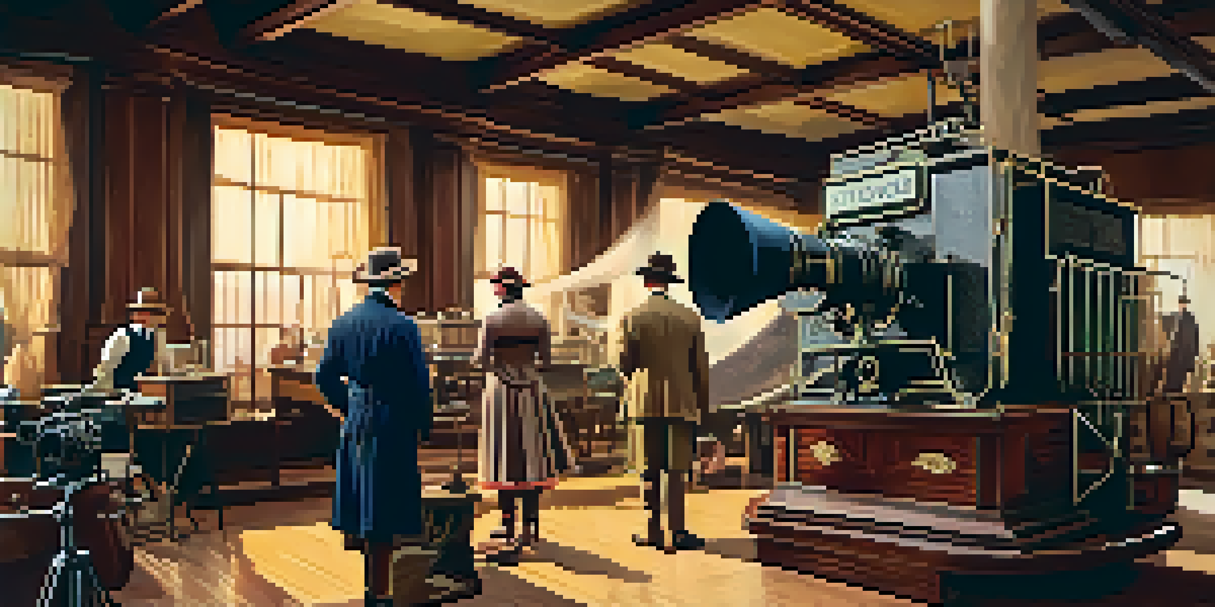 A vintage film studio from the early 1900s with actors in period costumes and classic cameras, illuminated by warm sunlight.