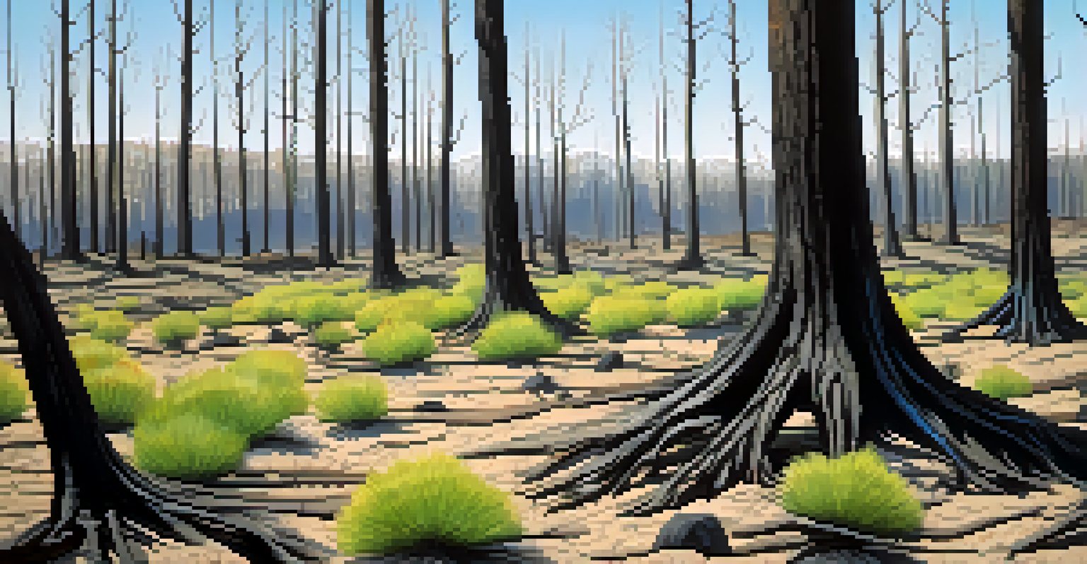 A close-up view of a post-wildfire area with burnt tree trunks and new growth, set against a blue sky.