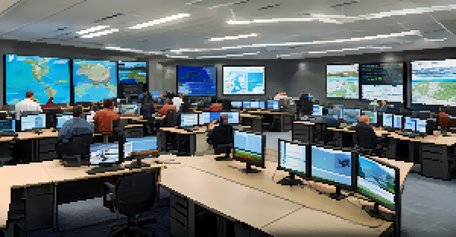 An emergency management center with personnel collaborating around screens displaying real-time disaster data and maps.