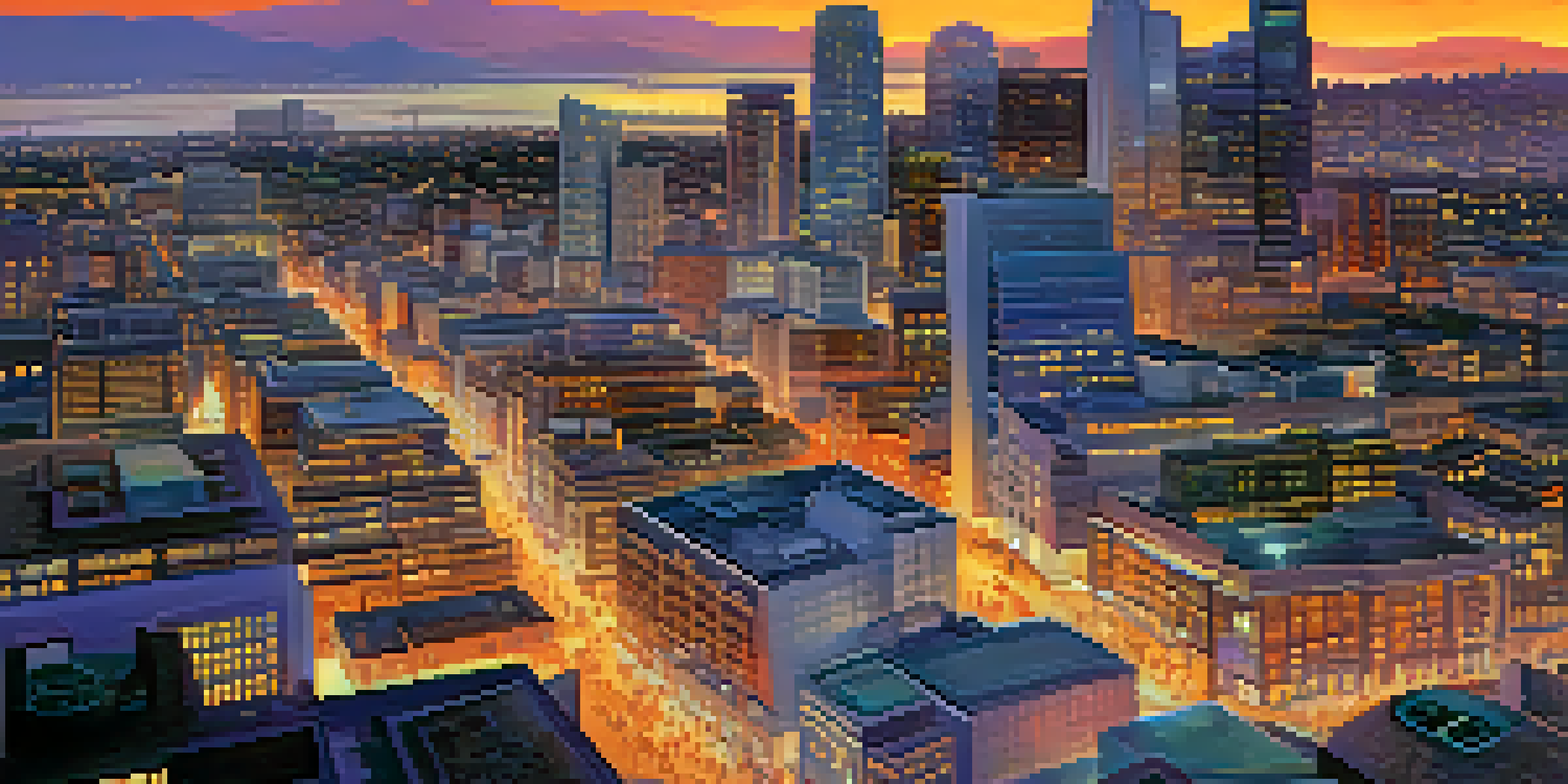 A city skyline at sunset with people using mobile devices, symbolizing technology and finance.
