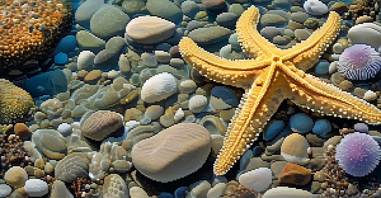 A detailed view of a tidal pool with marine life including sea stars and anemones.