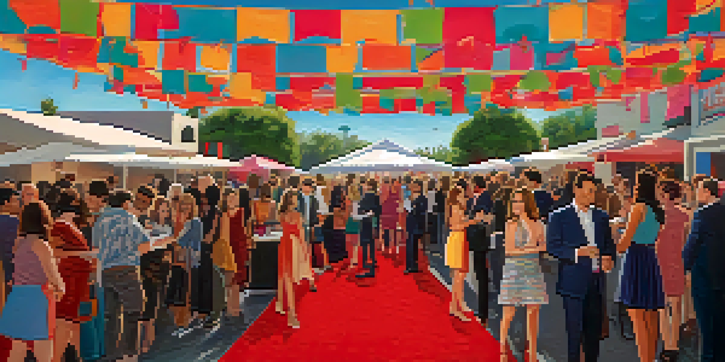 A lively California film festival scene with diverse filmmakers networking on a red carpet.