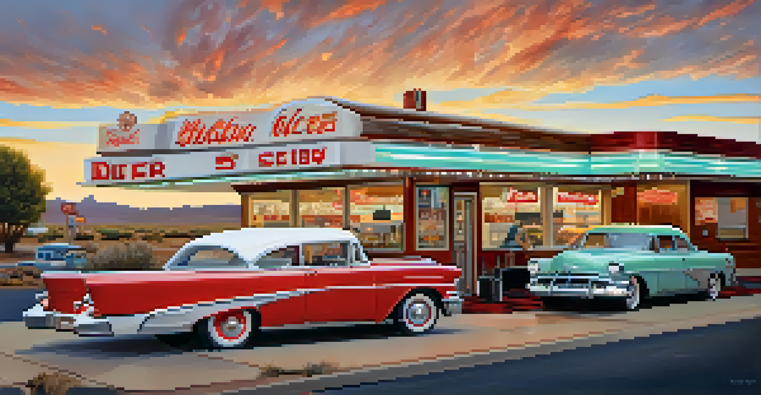 A lively roadside diner on Route 66, showcasing travelers enjoying meals and vintage decor.