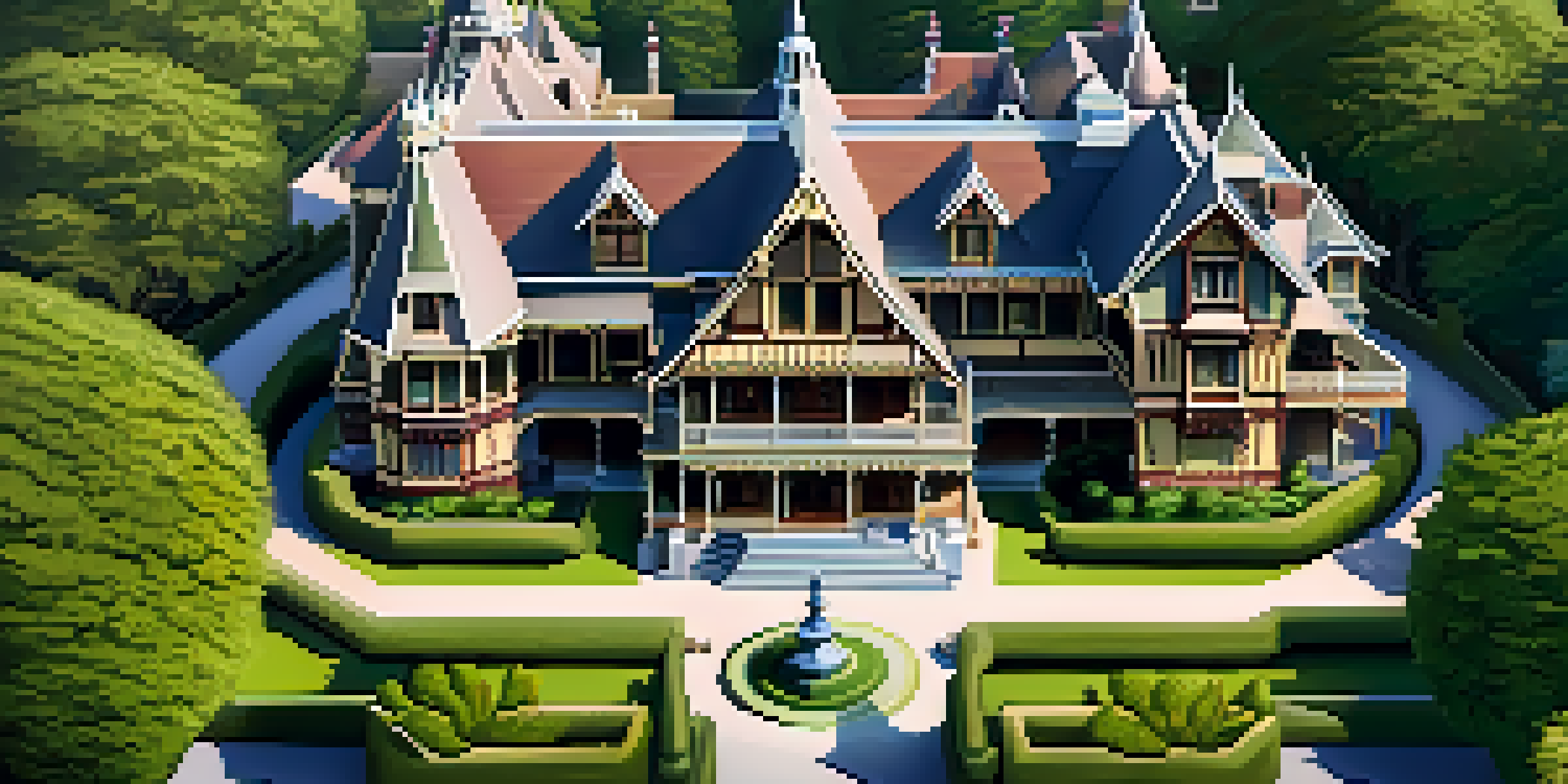 Aerial view of the Winchester Mystery House, highlighting its complex architecture and surrounding gardens.