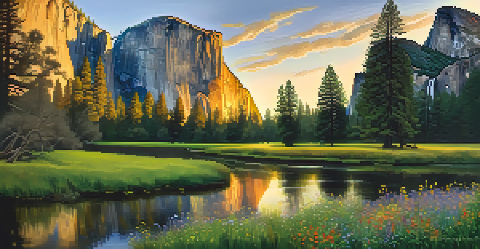 A sunset view of Yosemite Valley showcasing granite cliffs and a river reflecting the colorful sky.