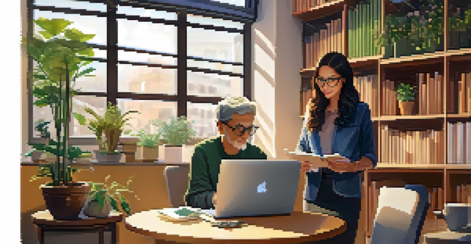 A mentor and a startup founder engaged in a discussion over a laptop in a cozy corner of a tech incubator, surrounded by bookshelves.