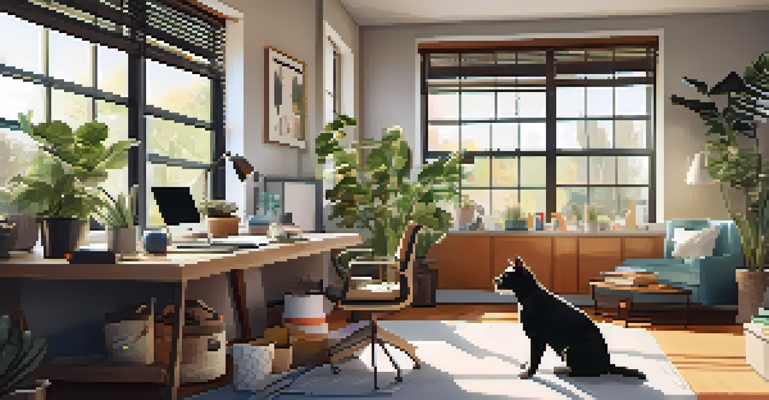 A home office with a cat on a desk and a dog on a bed, surrounded by plants and pet toys, illuminated by natural light.