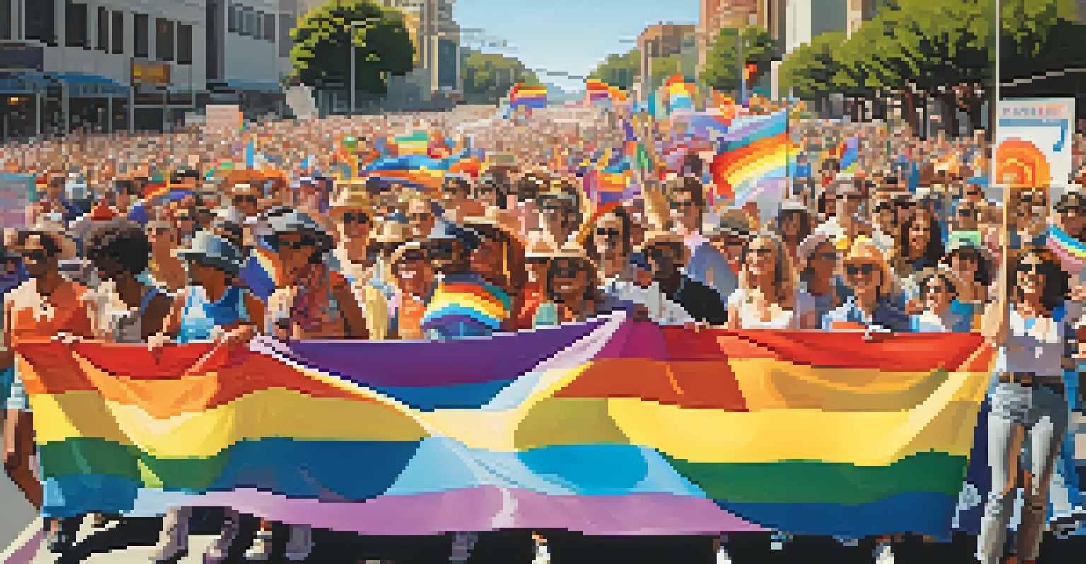 A 1970s Pride Parade in California with activists holding colorful banners, marching in sunlight with expressions of joy and determination.