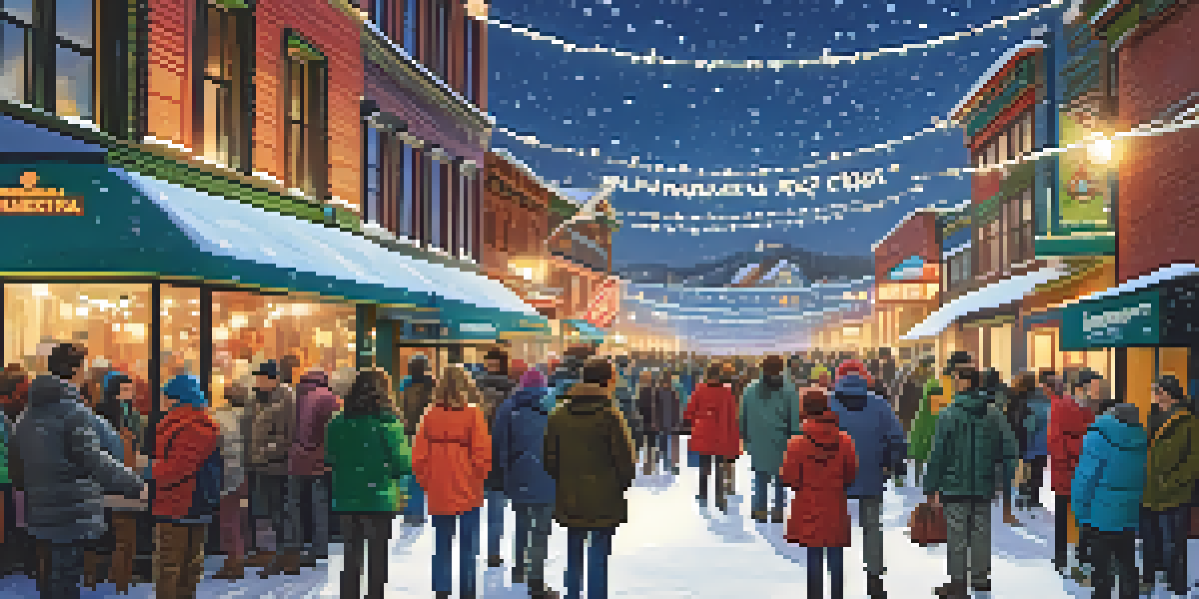 A lively scene at the Sundance Film Festival with people mingling in winter attire against a snowy backdrop and festival signage.
