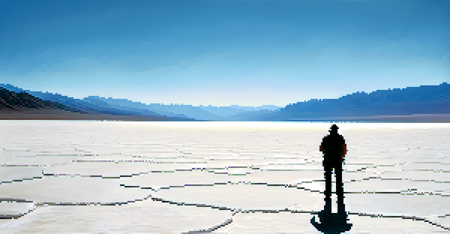 A striking view of Death Valley's Badwater Basin with salt flats and a lone traveler taking photos against the backdrop of distant mountains.