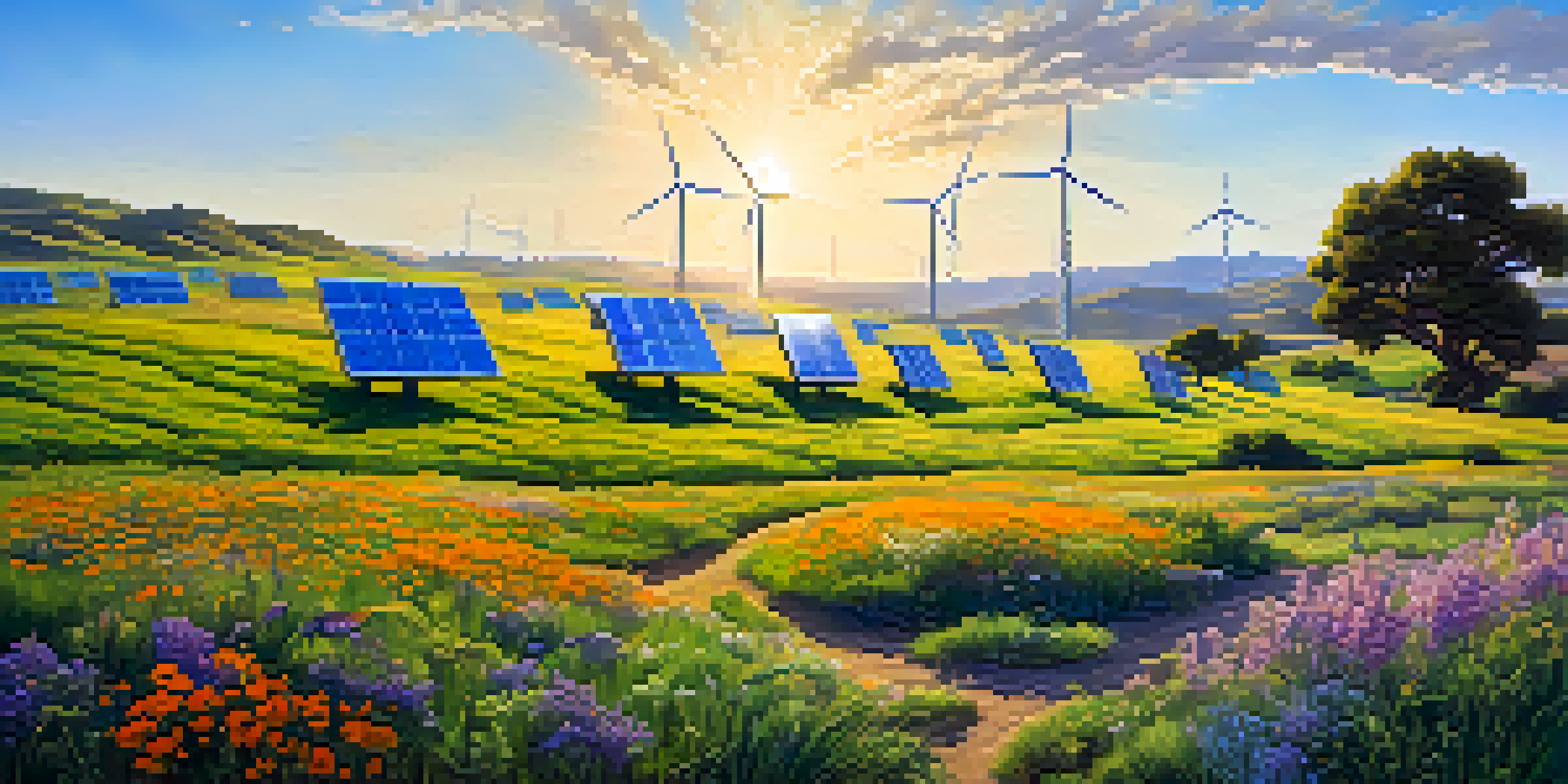 A panoramic view of a California landscape with solar panels and wind turbines, surrounded by green fields and wildflowers under a blue sky.