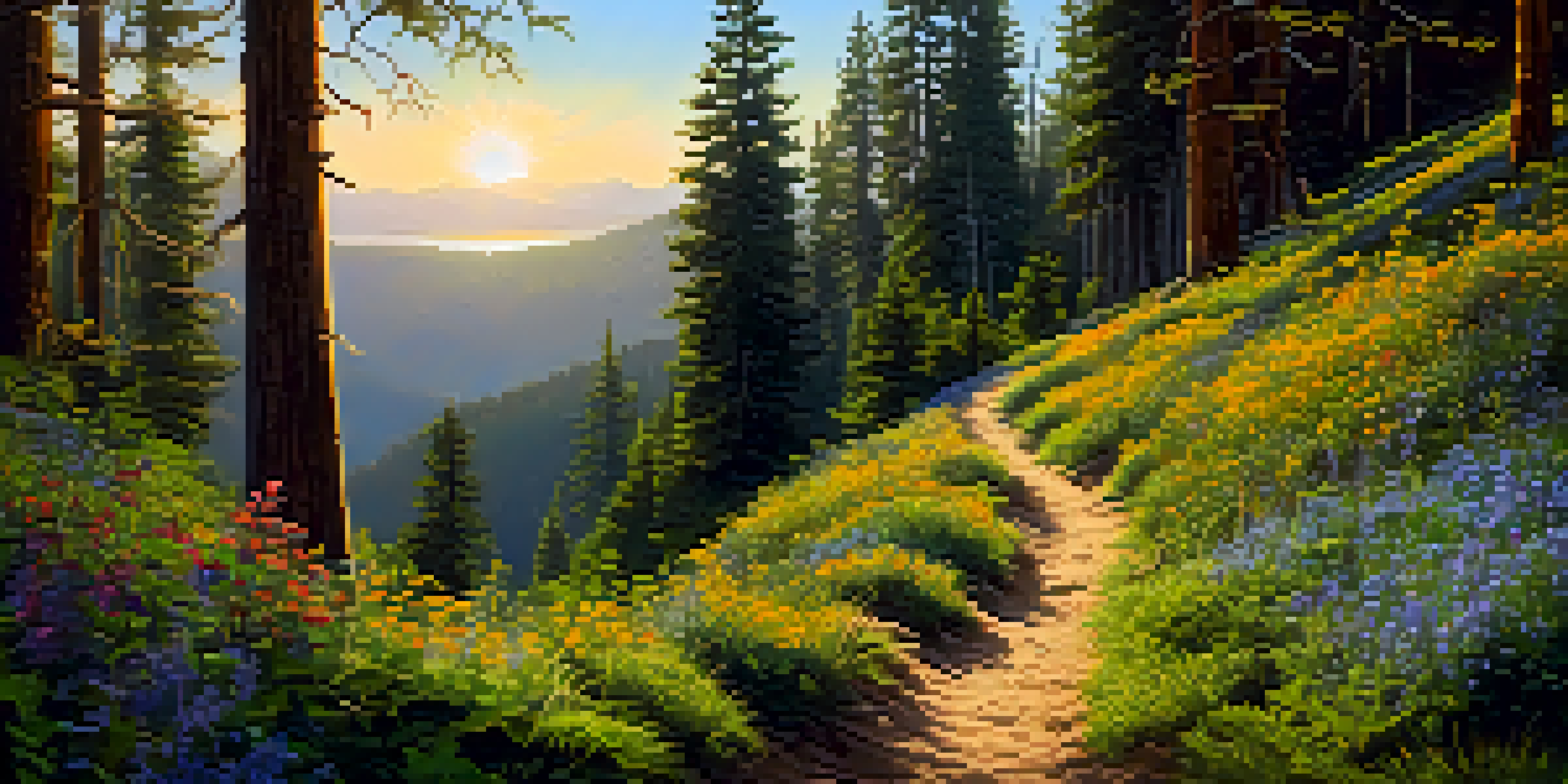 A hiker walking along a sunlit trail surrounded by tall trees and colorful wildflowers in a lush forest.