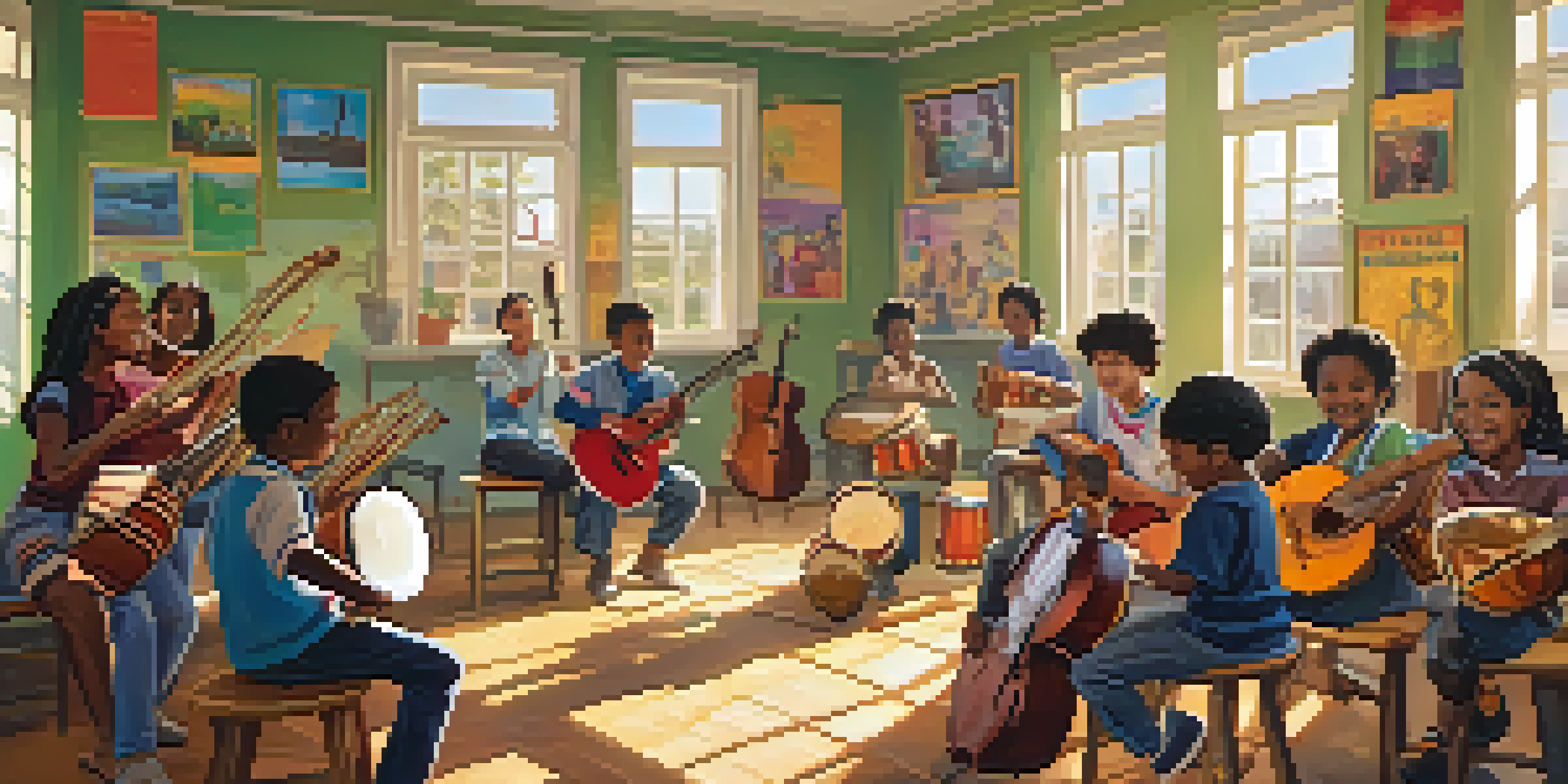 A classroom with diverse students participating in a music lesson, playing traditional instruments and smiling.