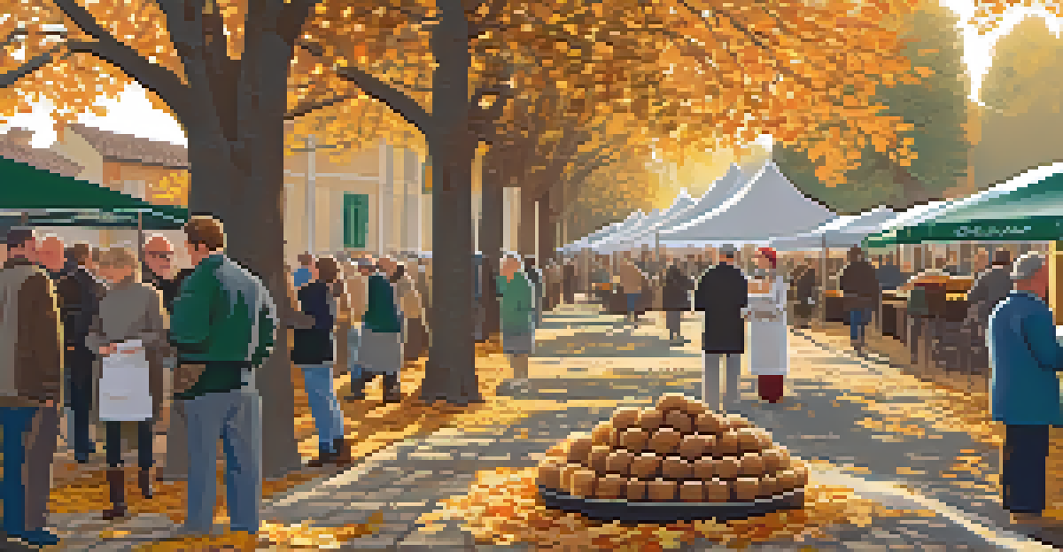 A lively market at Sagra del Tartufo showcasing truffle dishes and local chefs engaging with visitors amidst autumn scenery.