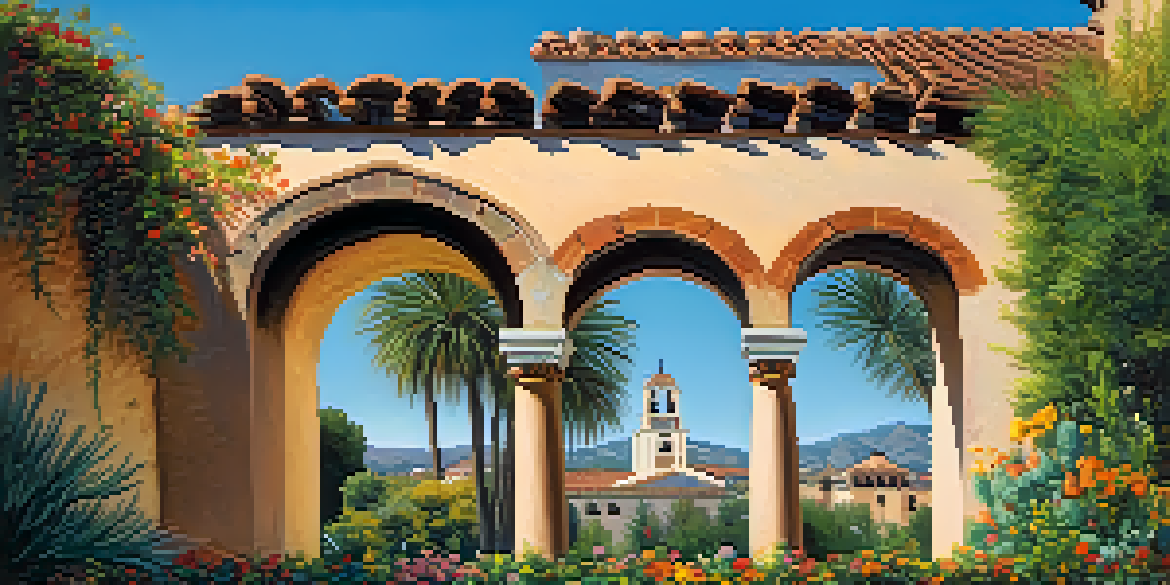 A view of Mission San Juan Capistrano featuring the bell wall and colorful gardens under a blue sky.