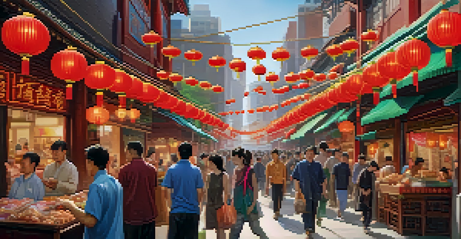 A busy street in Chinatown with traditional shops and trendy cafes, filled with diverse people.