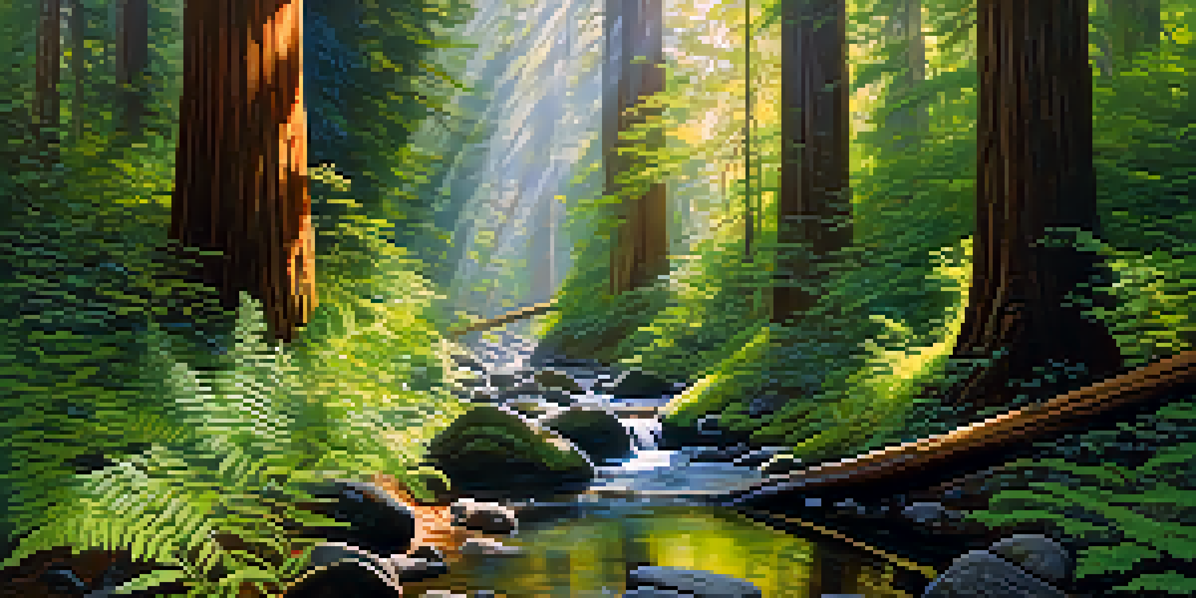 A dense redwood forest in California with sunlight filtering through the trees and a small stream in the foreground.