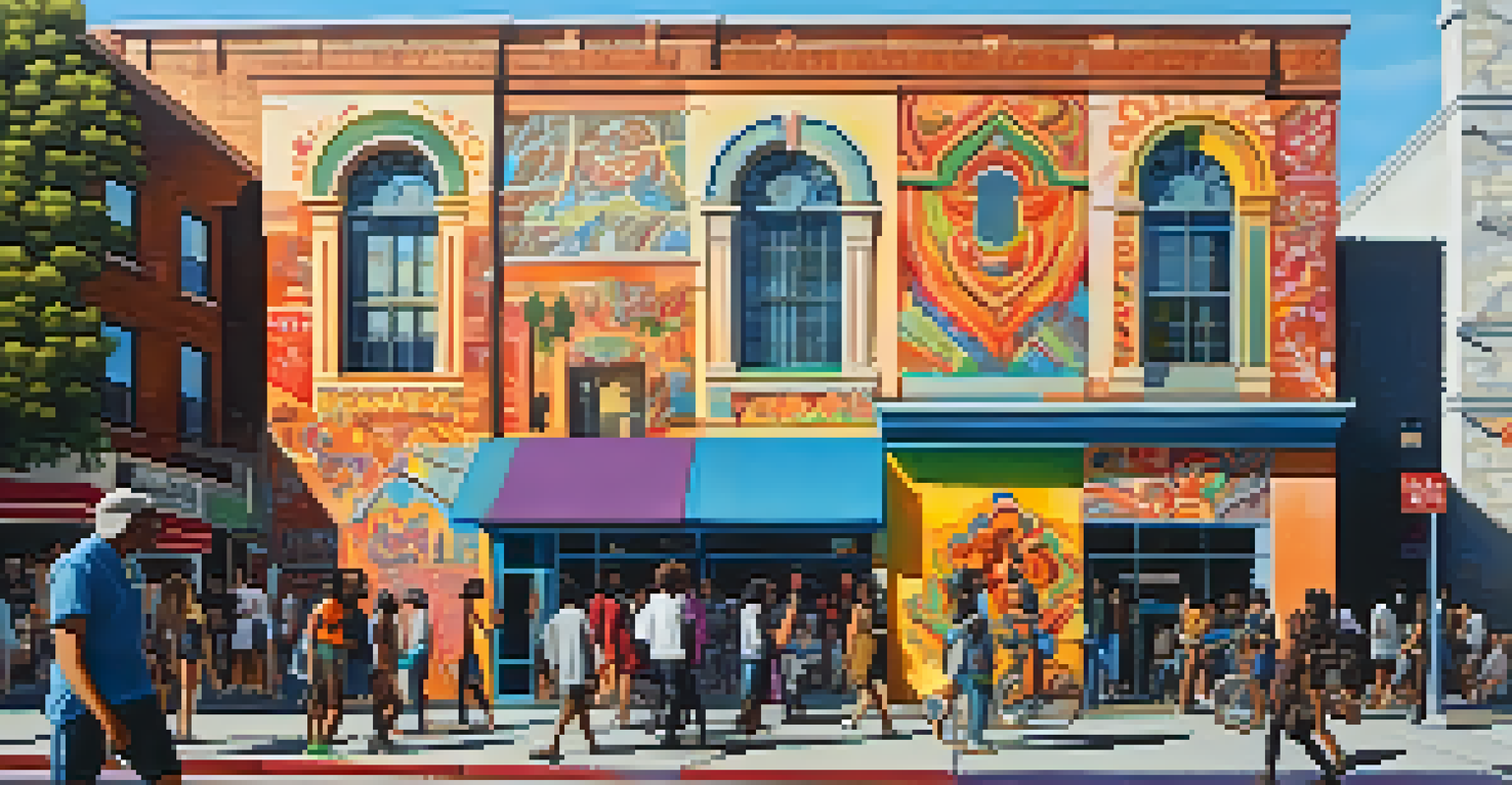 A lively street scene in Los Angeles with a vibrant mural on a brick wall, showcasing colorful patterns and images, and people admiring the artwork.