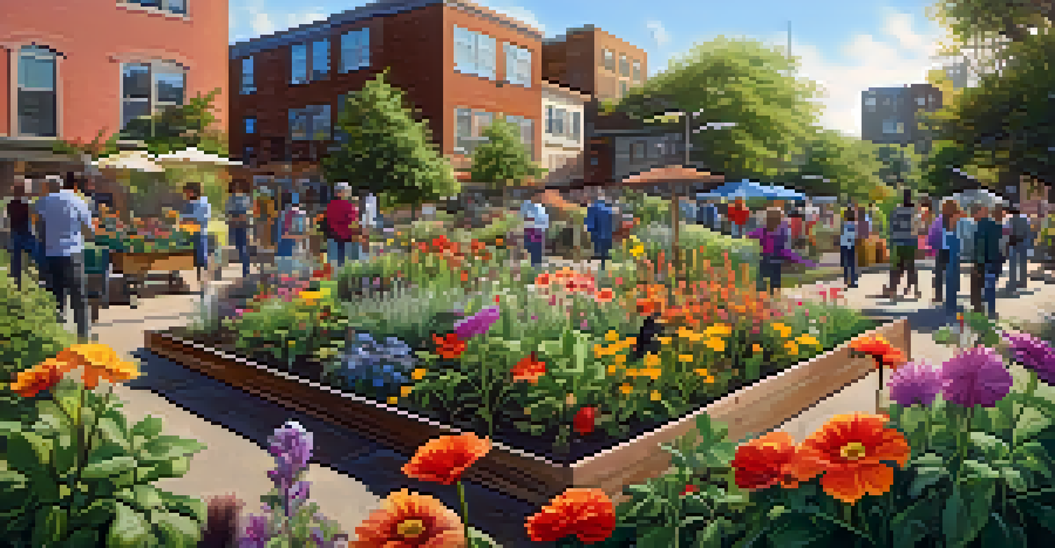 A vibrant community garden with a hummingbird at a feeder, surrounded by flowers and people enjoying the space.
