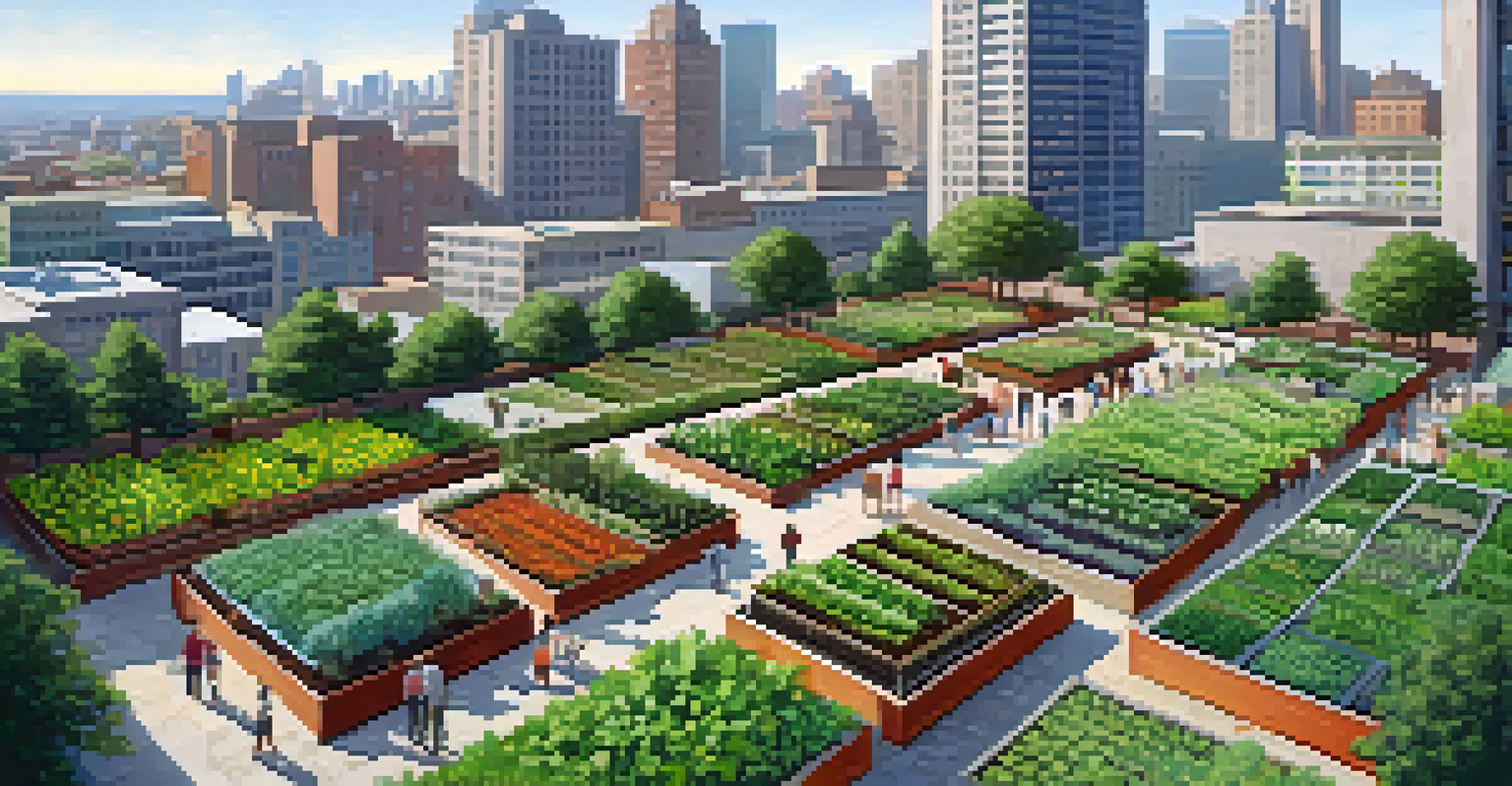 An aerial perspective of a community garden surrounded by tall buildings, highlighting the blend of nature and city.
