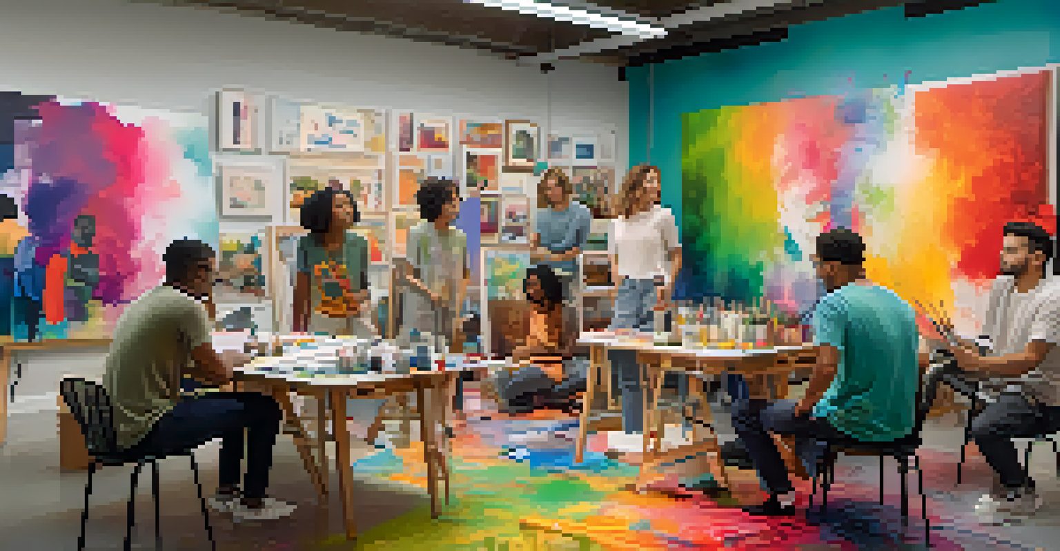 A diverse group of artists working together in a vibrant art studio.