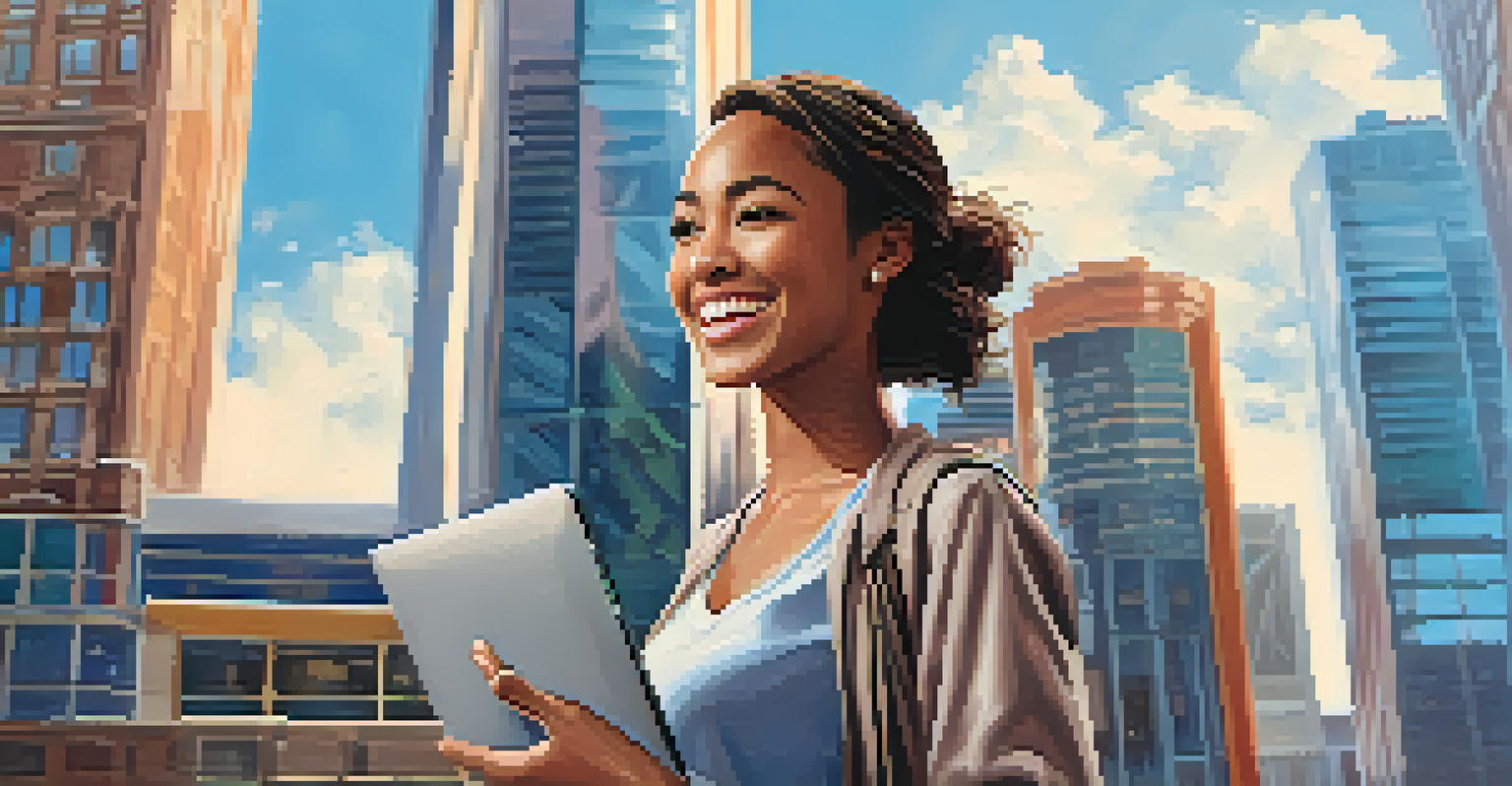 A young woman happily celebrating her new tech job in front of a large tech company building in a lively city.