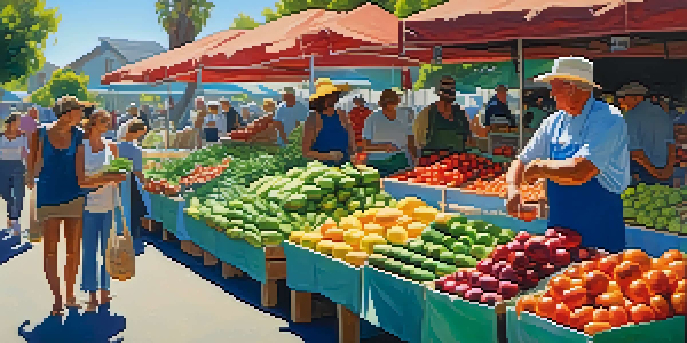 A lively farmers' market in California with colorful fresh produce and shoppers interacting with farmers under a bright blue sky.